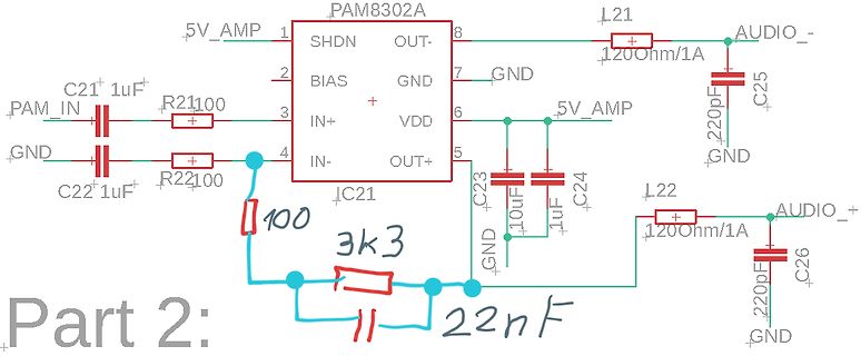Schaltplan eines Audio-Verstärkers mit PAM8302A