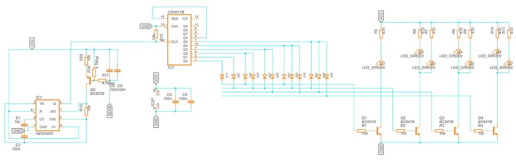 Schaltplan einer LED-Sequenzschaltung mit CD4017B und NE555