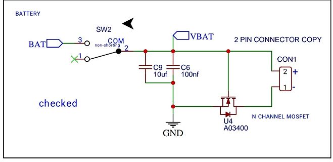 Schaltplan einer Batterieversorgung mit MOSFET-Schalter