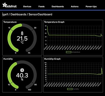 Dashboard mit Temperatur- und Luftfeuchtigkeitsanzeige und Graphen
