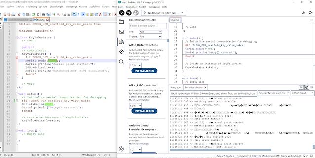 Screenshot eines Code-Editors und einer Arduino IDE