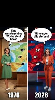 Meme über Klimawandel und Temperaturvergleich 1976 vs 2026