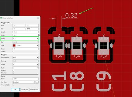 PCB-Layout mit Eigenschaften-Dialogfenster