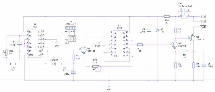 Schaltplan mit zwei 7400 ICs und Transistoren