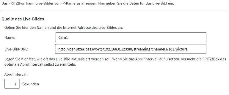 Eingabemaske für IP-Kamera-Livebilder in einer Benutzeroberfläche