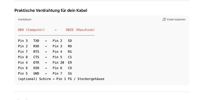Pinbelegung DB9 zu DB25 Kabel