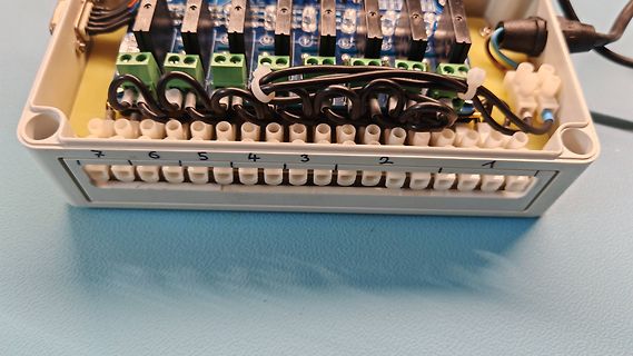 Elektronikmodul in Gehäuse mit Klemmen und Verkabelung