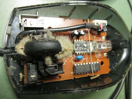 Innenansicht einer Computermaus mit Verschmutzung