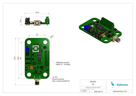 CAD-Zeichnung einer DRV200 V4 Leiterplatte mit Bemaßung