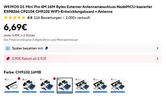 Screenshot eines Online-Shops für WEMOS D1 Mini Pro