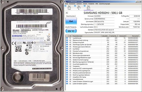 Samsung Festplatte und CrystalDiskInfo Screenshot