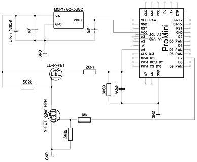 Schaltplan mit ProMini, Spannungsregler und MOSFET-Schaltung