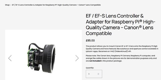 Produktseite eines EF/EF-S Objektiv-Controllers für Raspberry Pi