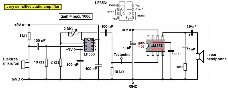 Schaltplan eines sehr sensitiven Audio-Verstärkers