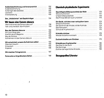Inhaltsverzeichnis eines Buches über Chemie und Fotografie
