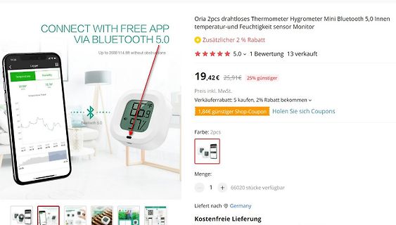 Screenshot eines Online-Shops für Bluetooth-Temperatur-Hygrometer