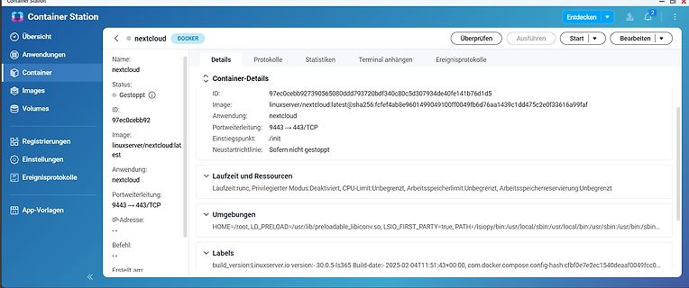 Screenshot der Container Station Details für nextcloud