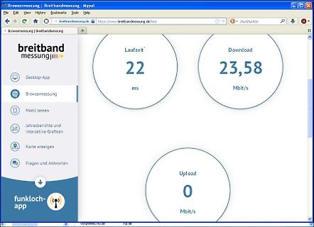 Screenshot einer Breitbandmessung Webseite