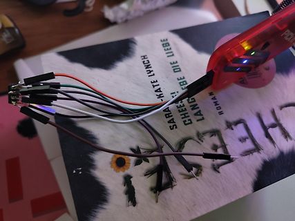 Bunte Flachbandkabel mit Steckern auf einem Buch