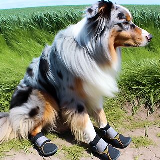 Hund mit Schuhen im Gras