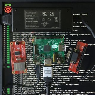 Raspberry Pi mit Netzteilen und Erweiterungsmodulen auf Monitor