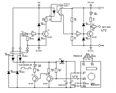 Schaltplan einer Elektronikschaltung mit Optokoppler und Transistoren