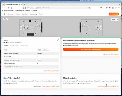 Screenshot einer PCB-Fertigungsbestellung auf einer Website