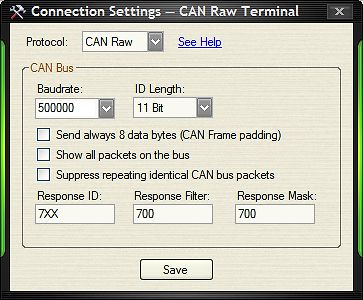 Einstellungsfenster für CAN Raw Terminal