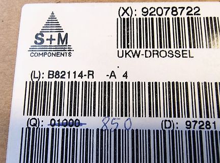 Etikett eines S+M Components UKW-Drossel Bauteils