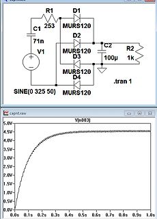 Schaltplan und Simulationsergebnis einer Brückengleichrichtung