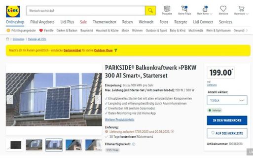 Lidl Onlineshop Produktseite für Parkside Balkonkraftwerk