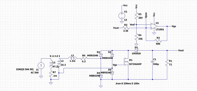 Schaltplan eines Gleichrichters mit MOSFET-Steuerung