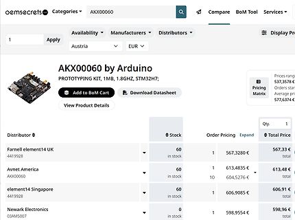 Webseite eines Elektronik-Distributors mit Arduino Prototyping Kit