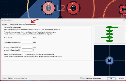 Software-Dialogfenster Pad-Eigenschaften in einem PCB-Layout-Programm