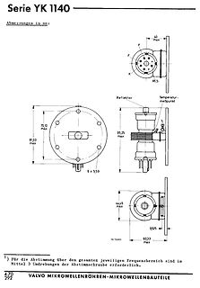 Technische Zeichnung einer Mikrowellenröhre Serie YK 1140