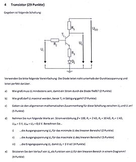 Schaltplan und Aufgabenstellung zu einem Transistor
