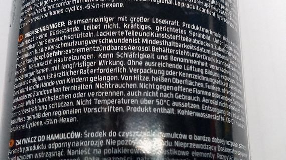 Etikett eines Bremsenreinigers