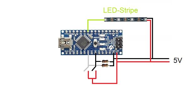 Schaltplan Arduino mit LED-Streifen und Widerständen