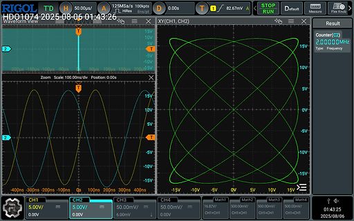 Oszilloskop-Screenshot mit Lissajous-Figur