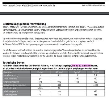 Bedienungsanleitung und technische Daten DCF-Modul DCF1