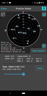 Screenshot einer GNSS-Satellitenposition-Radar-App