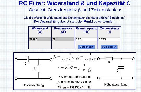 Rechner für RC-Filter Grenzfrequenz und Zeitkonstante