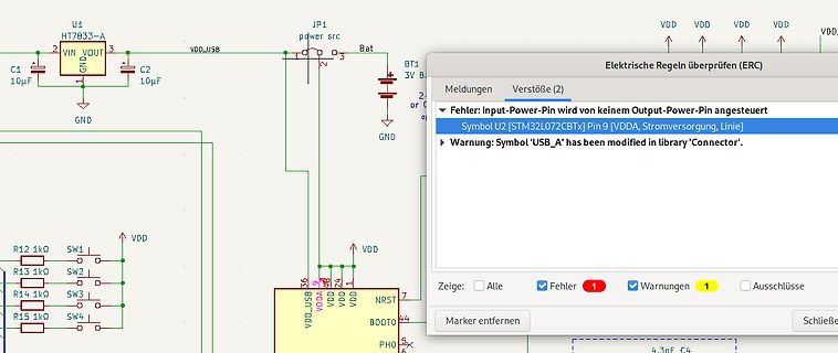 Schaltplan mit Fehlermeldung in EDA-Software