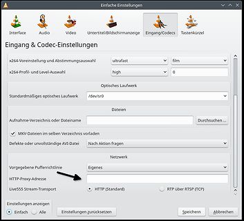 Screenshot von Software-Einstellungen für Video-Codec