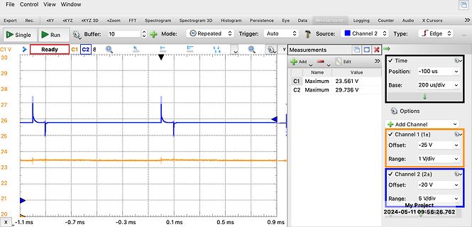 Oszilloskop-Screenshot mit zwei Messkanälen