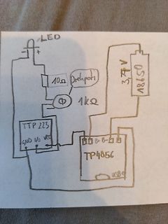 Handgezeichneter Schaltplan mit LED, Akku und Modulen