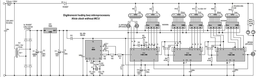 Schaltplan einer Nixie-Uhr ohne Mikrocontroller