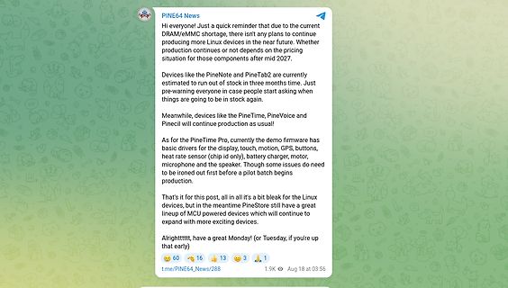 Telegram-Nachricht über PINE64 News und Lieferengpässe