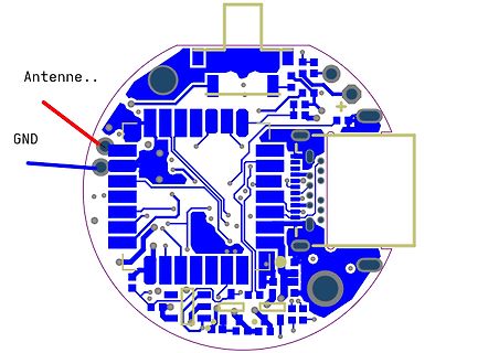 PCB-Layout mit Beschriftungen für Antenne und GND