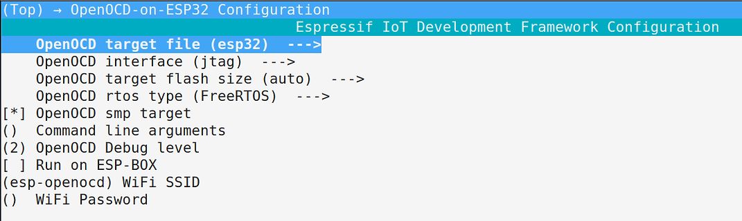 Konfigurationsmenü für OpenOCD auf ESP32